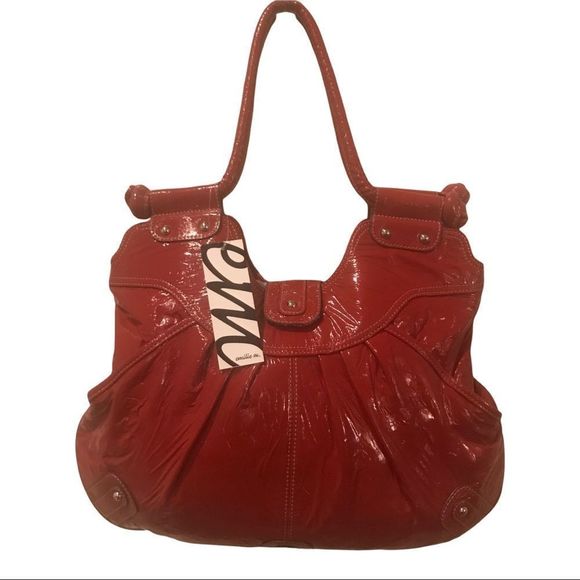 EMILIE M. Tote Oversized Red Silver Hardware Pockets In & Outside 17”x 14” - Picture 1 of 9